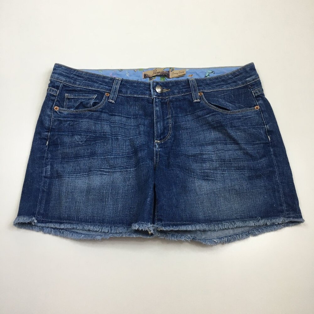PAIGE Logo Hardware Medium Wash JIMMY JIMMY Raw Edge Hem Cut Offs Denim Shorts